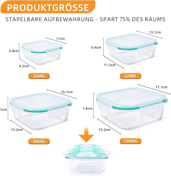 Meal Prep Boxes Glass Containers with Lid, Dishwasher Food Storage Containers with Lid, Microwave and Freezer Friendly, Leak-Proof (Light Green, 320+520+800+1200ml)