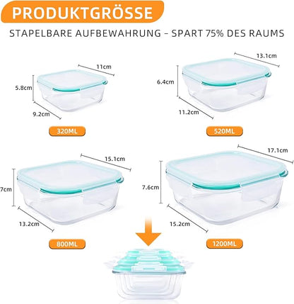 Meal Prep Boxes Glass Containers with Lid, Dishwasher Food Storage Containers with Lid, Microwave and Freezer Friendly, Leak-Proof (Light Green, 320+520+800+1200ml)