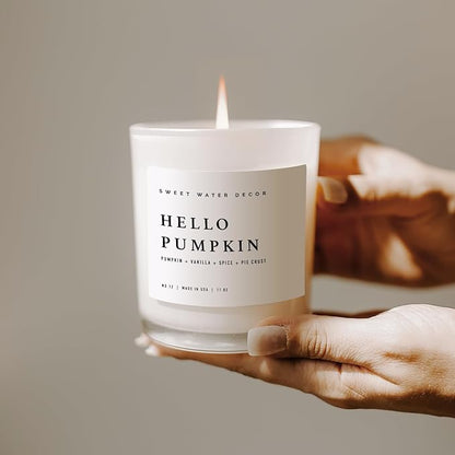 Sweet Water Decor Hello Pumpkin Candle - Fall Soy Candles with Pumpkin, Warm Spices, Vanilla and Buttery Pie Crust - Pumpkin Candles for Home with 50 Hours Burn Time - 11oz Wood Lid White Jar Candle