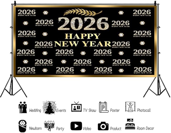 Leyiyi 20x10ft 2026 Happy New Year Backdrop Sparkling Diamond Black and Gold Photography Background Step and Repeat Diamond 2026 Photo Backdrop New Year Eve Holiday Party Photo Props