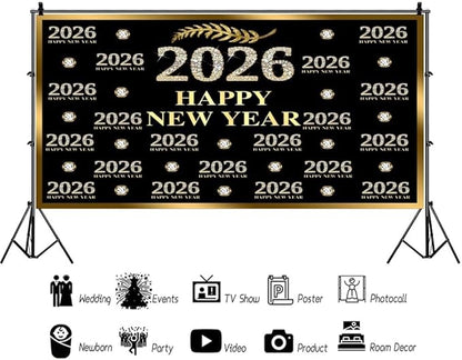 Leyiyi 20x10ft 2026 Happy New Year Backdrop Sparkling Diamond Black and Gold Photography Background Step and Repeat Diamond 2026 Photo Backdrop New Year Eve Holiday Party Photo Props