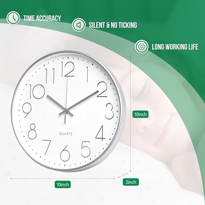 Wall Clock 10 Inch Non-Ticking Silent Modern Simple Style Round Decor Clock Silver Stereoscopic Dial Quartz Wall Clocks for Home/Office/School/Living Room/Bedroom/Kitchen
