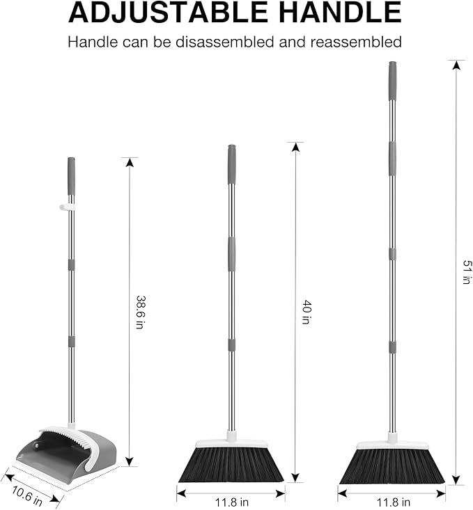 NACENA Broom and Dustpan Set, 52-in Long Adjustable Handle Broom Dustpan Combo with Dustpan Teeth to Automatically Clean Hair Suitable for Home Kitchen Office Hall Floor (Grey&White), 2 Pack