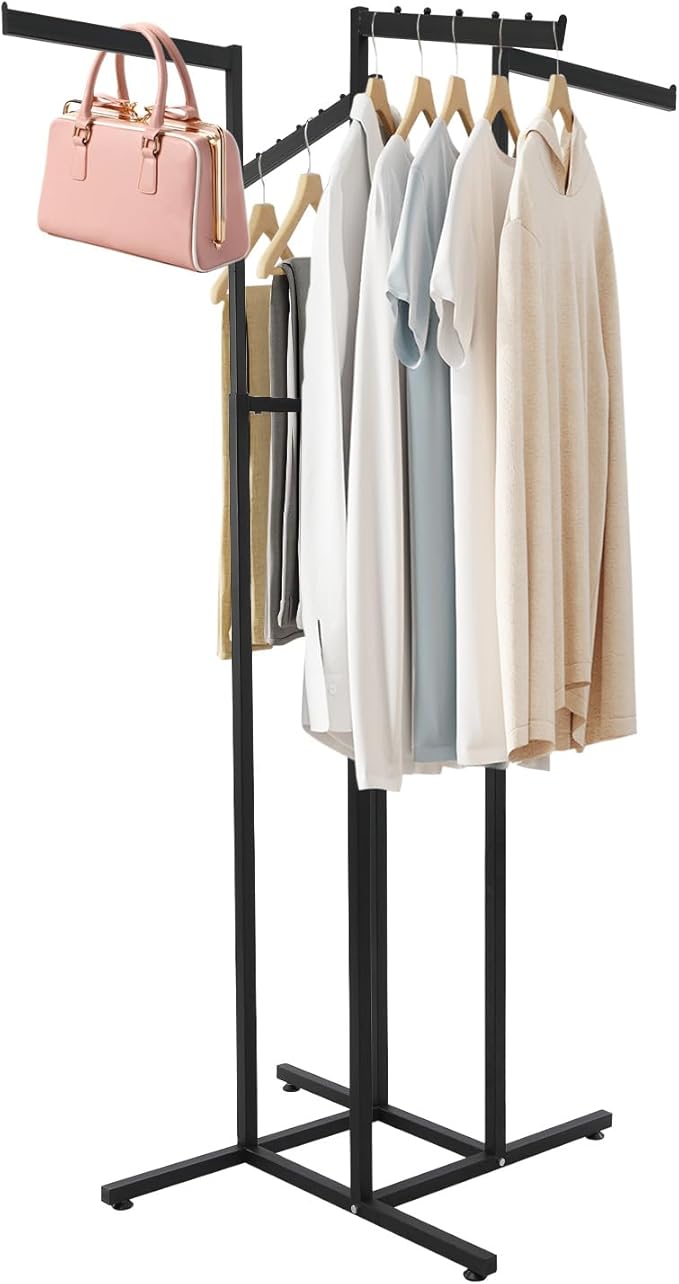 Clothing Rack - Heavy Duty 4 Way Adjustable Clothing Rack with Slanted Arms, Retail Clothing Rack Display With 2 Straight Arms and 2 Slanted Arms Perfect for Clothing Store Display (Black)