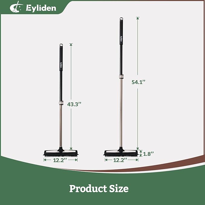 Eyliden Rubber Carpet Rake for Pet Hair, 2-in-1 Push Broom with Squeegee, 54" Telescopic Handle, Fur Water Remover Brush for Carpet, Rug, Hardwood, Tile Floors