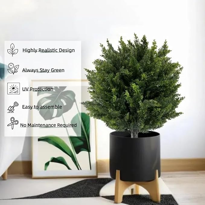 Artificial Cedar Topiary Ball Tree with Ground Spike 27.5", Set of 2 Outdoor Faux Plants UV Resistant Fake Bushes Shrubs for Garden, Yard, Porch, Patio Decor
