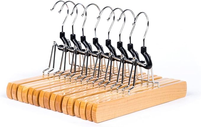 Amber Home 10 Pack Natural Wooden Pants Hangers, Wood Clamp Hangers with Non Slip Padded Velvet, Jeans/Slacks Hangers Hair Extension Hangers for Skirts, Trousers, Wigs (Natural, 10)