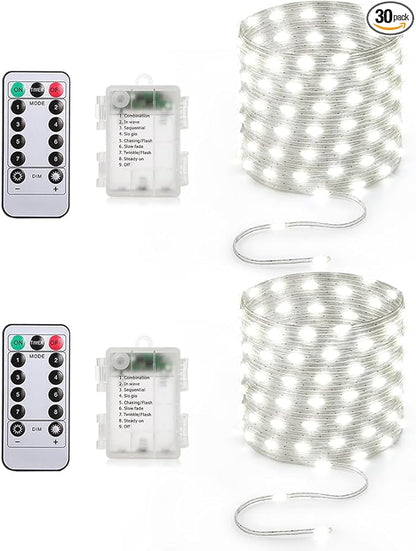 Battery Operated String Lights (2 Pack), 33ft 100 LED Fairy String Lights Battery Powered w/Remote & Timer for Indoor Outdoor Christmas Trees Wreath Decoration Bedroom Patio - Cool White