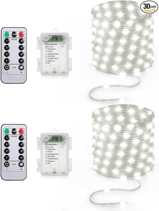 Battery Operated String Lights (2 Pack), 33ft 100 LED Fairy String Lights Battery Powered w/Remote & Timer for Indoor Outdoor Christmas Trees Wreath Decoration Bedroom Patio - Cool White