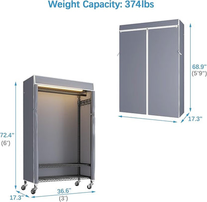 VIPEK R3LC Clothes Rack with Cover, Heavy Duty Garment Rack with Dimmable LED Lights, Rolling Portable Closet for Hanging Clothes Metal Clothing Rack with Wheels, Black Rack with Grey Cover