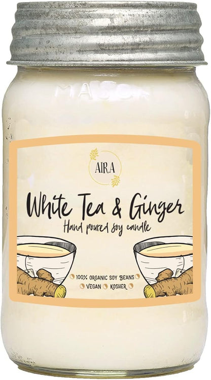 Aira Soy Candles - Organic, Kosher, Vegan, in Mason Jar w/Therapeutic Grade Essential Oil Blends - Hand-Poured 100% Soy Candle Wax - Paraffin Free, Burns 110+ Hours - White Tea & Ginger -16 Ounces