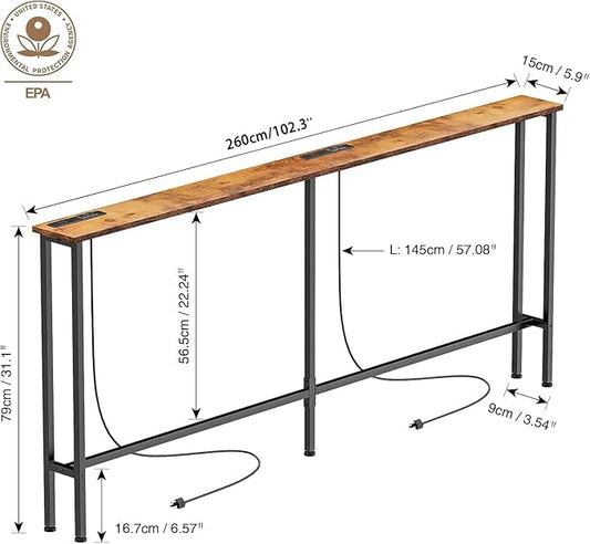 102" Narrow Console Sofa Table - 2 Power Outlets & 4 USB Ports, Metal Frame, Rustic Brown, Perfect for Hallway, Office, and Behind Sofa - Easy Assembly, 4.9' Extension Cord Included