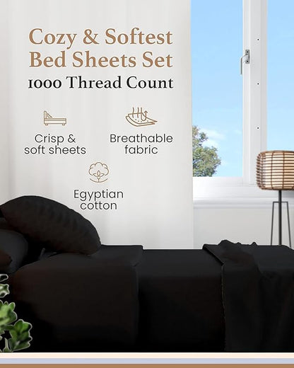 Good Sleep Bedding Twin XL Sheet Set - 100% Egyptian Cotton XL Twin Sheet Set, 1000 TC, 3Pc, Extra Long Twin Sheets for Dorm, Hotel Sheets, 16" Deep Pocket Twin Sheets Extra Long - Black Sheets