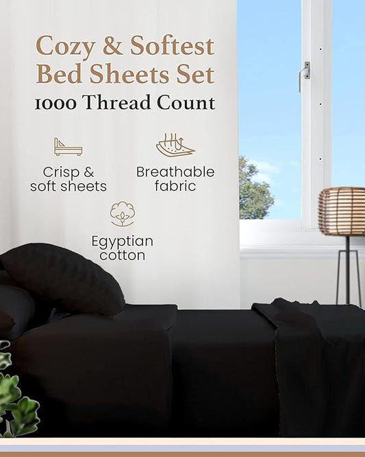 Split King Sheets Sets for Adjustable Bed Cotton, Luxury Sheets, 1000 TC Egyptian Cotton Sheets, 5 Piece 100% Cotton Split King Sheet Set, Sateen Sheets, 2 Fitted - 16" Deep Pocket, Black