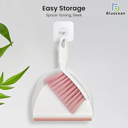 Mini Broom and Dustpan, Plus an Adhesive Hook Set, 7" Dustpan Opening, Bristles for Hair and Small Debris, Mini Portable Hand Brush for Pet, Sofa, Desk, Kitchen(White & Blush Pink)
