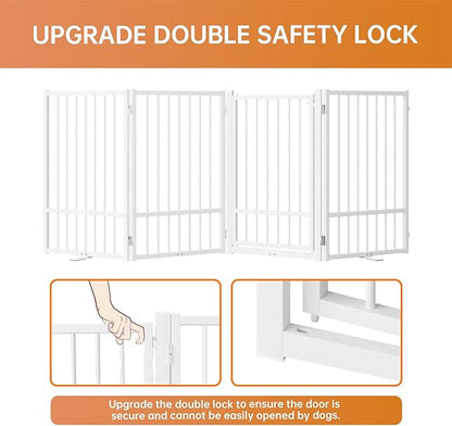 Full Metal Freestanding Dog Gate with Door, 32''Height Foldable Pet Dog Fence for Indoor & Outdoor, 4 Panels Extra Wide Free Standing TallDog Gates for Doorways,House,Stairs,Porch,Deck,Yard