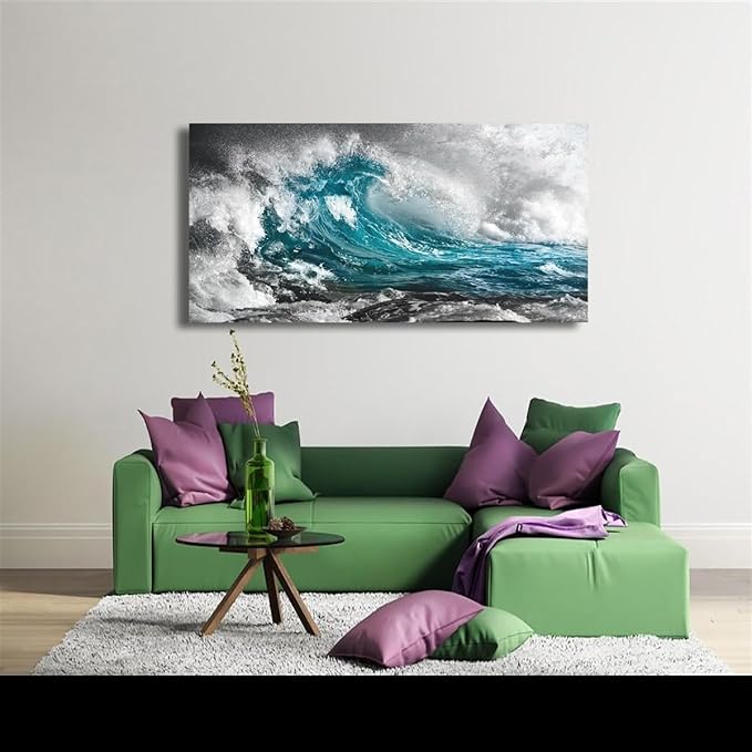 Sea Wave Pictures Canvas Wall Art For Living Room Bedroom Wall Decor,Surge Wall Art Print Paitnings for Home Decor,Morden Artwork Sea Seascape Canvas Art Waterproof Ready to Hang-24x48Inches