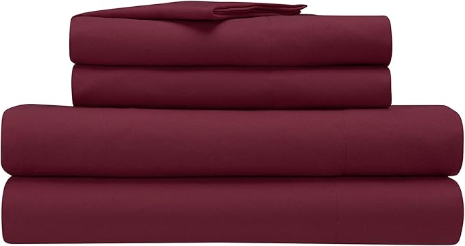 Serta Simply Clean Super Soft Hypoallergenic Stain Resistant Deep Pocket 4 Pieces Solid Bed Sheet Set, Full, Burgundy