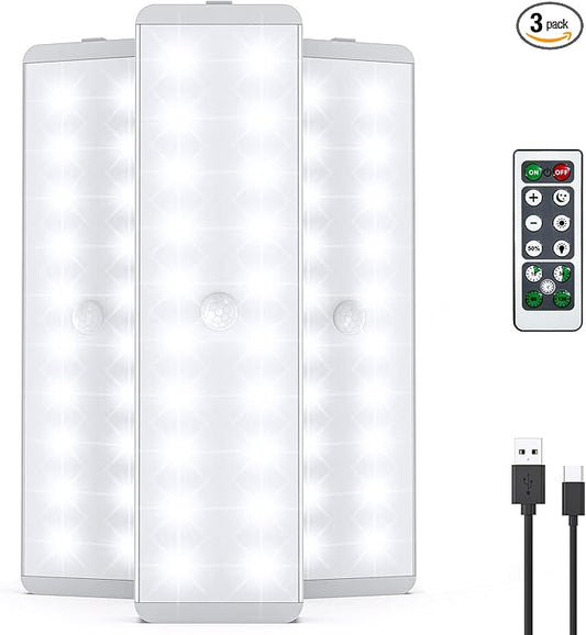 LED Closet Light, 20LEDs Dimmer USB Rechargeable Motion Sensor Light Under Cabinet Lighting, Stick-Anywhere Night Safe Light Bar for Wardrobe,Kitchen-3 Pcs