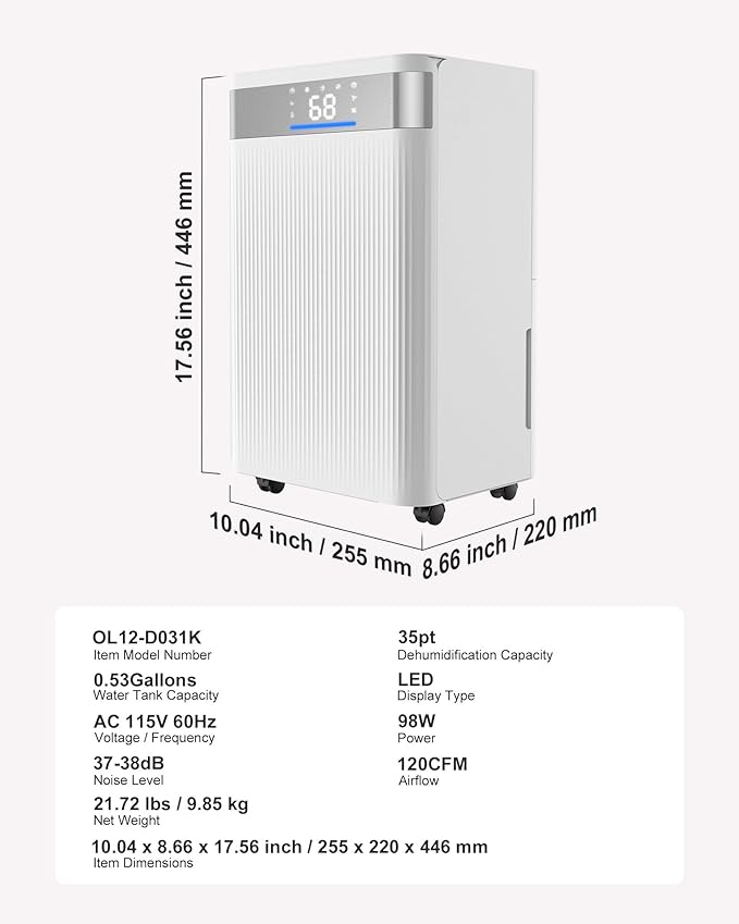 VEVOR 35 Pints Dehumidifier for Home & Basement, 2500 Sq.Ft Coverage, Drain Hose for Commercial & Industrial Use, Smart Humidity Control, Low Noise for Large Rooms, Warehouses, Bedrooms & Storage