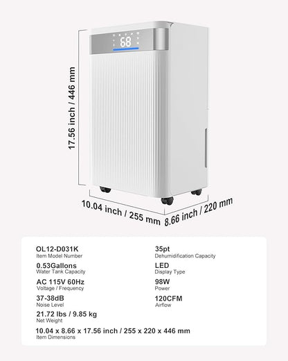 VEVOR 35 Pints Dehumidifier for Home & Basement, 2500 Sq.Ft Coverage, Drain Hose for Commercial & Industrial Use, Smart Humidity Control, Low Noise for Large Rooms, Warehouses, Bedrooms & Storage