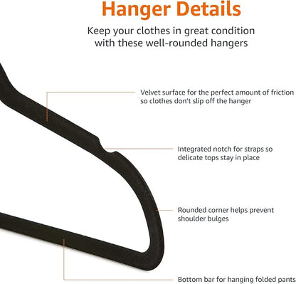 Amazon Basics Slim, Velvet, Non-Slip Suit Clothes Hangers, Pack of 50, Black
