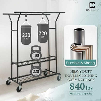 CAPHAUS 840LBS Capacity Heavy Duty Clothes Rack with Double Rods, Rolling Clothing Rack with 2 Shelves, Extendable Rods, Black