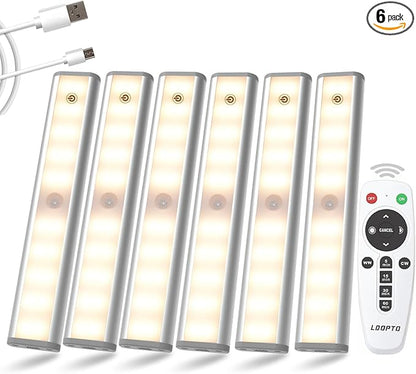 LDOPTO Under Cabinet Lighting, 6 Pack Rechargeable Motion Sensor Light Indoor, 10 Levels Dimmable Magnetic Closet Lights, Wireless Under Counter Lights 3 Colors for Kitchen, Stairs