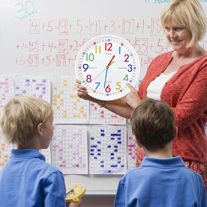 AIRUIFU Learning Clock for Kids-Silent Analog Clock for Bedrooms-Kids Room Decor-12 Inches Colorful Wall Clock Helps Kids Easier to Tell Time