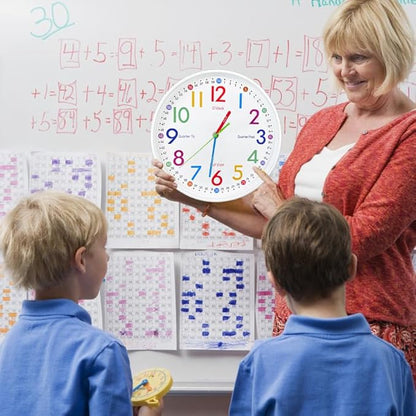 Learning Clock for Kids-Telling Time Easily Non Ticking Battery Operated Kids Teaching Clock Silent Colorful Teaching Time Clock Decorative for Kids Room Classroom School Playroom (10 Inch)