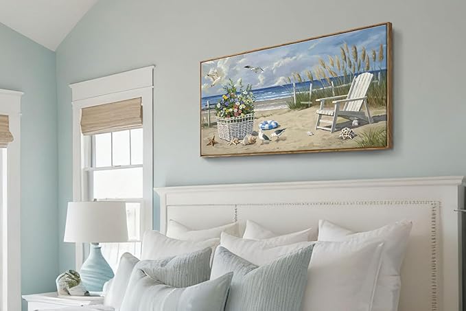 ARTZON Sea Landscape Wall Art – Large Framed Seaside Seashell Starfish Flower Basket Beach Scene Canvas Painting Horizontal Prints Picture for Dorm, Hallway, 48x24 Inch