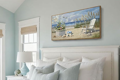 ARTZON Sea Landscape Wall Art – Large Framed Seaside Seashell Starfish Flower Basket Beach Scene Canvas Painting Horizontal Prints Picture for Dorm, Hallway, 48x24 Inch