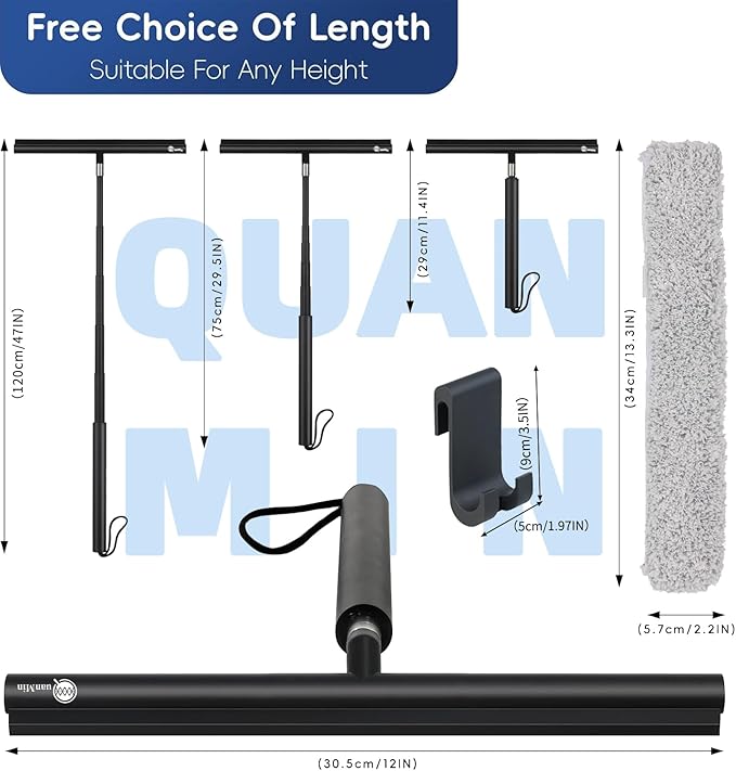 Shower Squeegee with Hook, Stainless Steel Core Glass Wiper, Silicone Rubber Household Squeegees for Shower Glass Doors, Telescoping Handled 12 in Squeegee,Black
