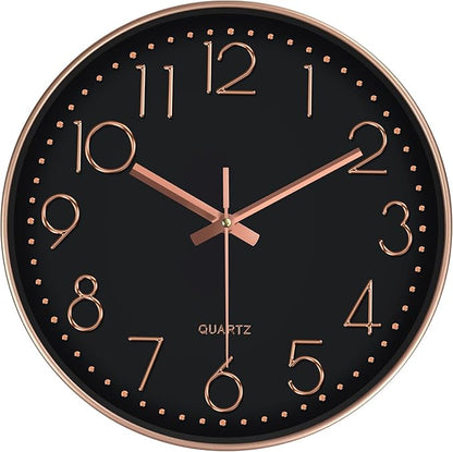 Modern Silent Wall Clock - 12 Inch Wall Clocks Battery Operated Large Number, Non-Ticking Analog Clock with Tempered Glass Quartz Clocks for Living Room Bedroom Office Kitchen, Black Rose Gold