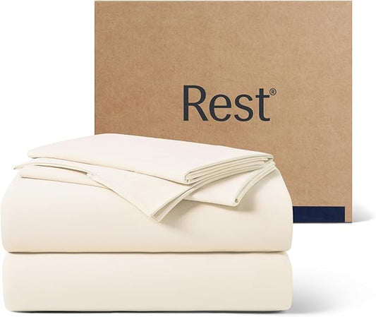 REST® Evercool®+ Cooling Sheet Set, Cali King Size, Snow Ivory, Breathable Bed Sheets for Hot Sleeper and Night Sweats, with Pillowcases, with Ionic+ Self-Cleaning Silver Yarn for Sensitive Skin, 4PCS