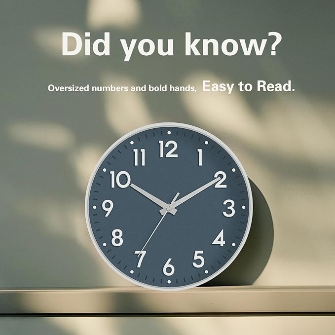 Mosewa Wall Clock 10 Inch, Battery Operated Silent Non-Ticking Modern Analog Clock Decorative for Kitchen, Bedroom, Office(Azure Blue)