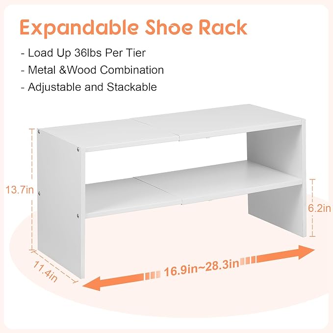 2-Tier Expandable White Shoe Rack Organizer for Closet, Stackable Shoe Rack Storage Shelf, Small Iron Wood Combination Shoe Shelves for Closets,Entryway,Front Door, Narrow Space,Hallway,6-12 Pairs