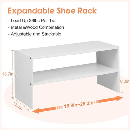 2 Pack Expandable White Shoe Rack Organizer for Closet, 2-Tier Stackable Shoe Storage Shelf, Small Iron Wood Combination Shoe Shelves for Closets,Entryway,Front Door, Narrow Space,Hallway,15-24 Pairs