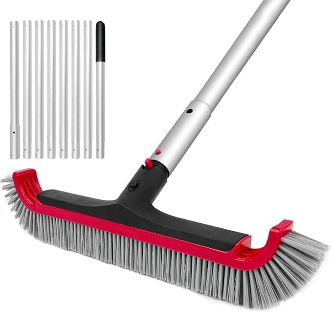 Swimming Pool Brush with Pole - 17.5" Wall Brush with 10FT Adjustable Aluminum Pole, Nylon Bristles, Curved Ends, EZ Clip Handle, Pool Brush for Cleaning Walls, Tiles & Floors