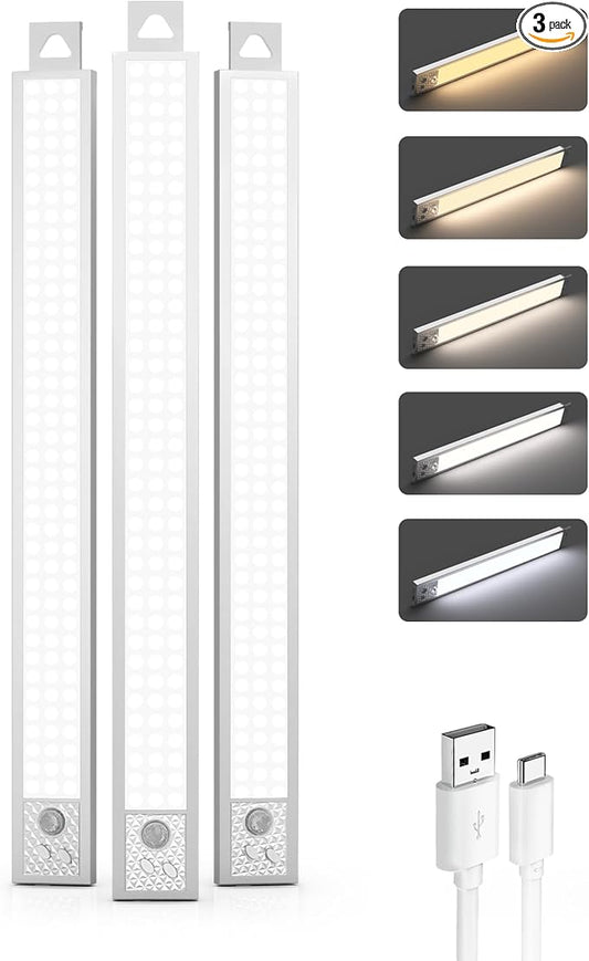 16 Inch Under Cabinet Lighting, 3Pack 5CCT Dimmable Closet Lights, Motion Sensor LED Lights of Battery Operated, Rechargeable Under Counter Light for Kitchen, Stairs, Bedroom, Wardrobe