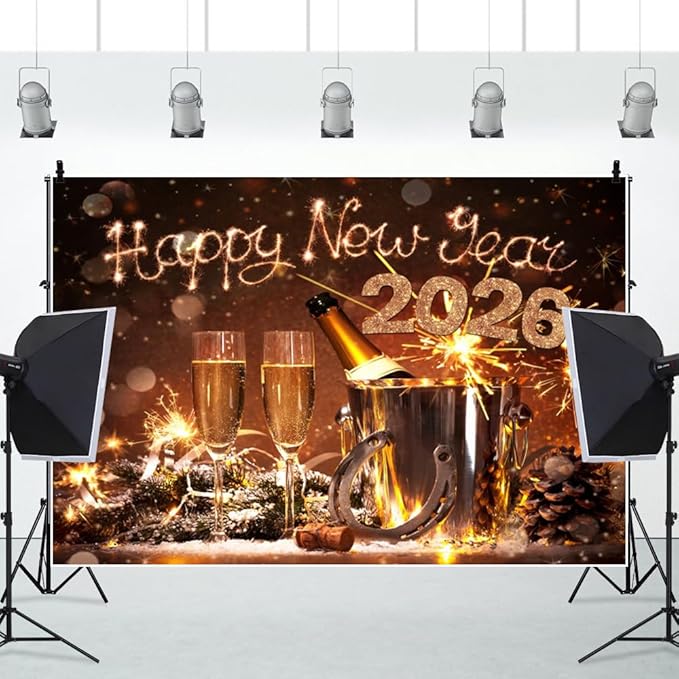 AOFOTO 12x8ft Happy New Year 2026 Backdrop Champagne Wine Beer Gold Sparklers Fireworks Bokeh Light Spot New Year's Eve Backdrop Banner Carnival Celebration Background Party Decorations Props