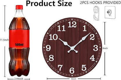 Wall Clock Battery Operated 8 Inch Brown Silent Non Ticking Country Rustic Design Vintage Retro Decorative for Bathroom Kitchen Bedroom