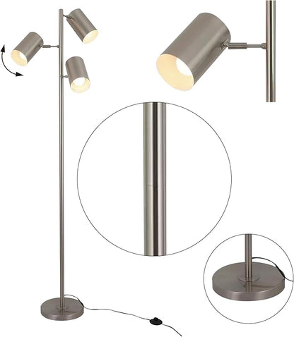 Tree Floor Lamp with 3 Light Bulbs,Nickel Standing Tall Pole Lamp with 3 Adjustable Rotating Lights,Farmhouse Floor Lamp for Living Room Bedroom Office,Vintage Standing Lamp 9W E26 LED Bulbs Included.