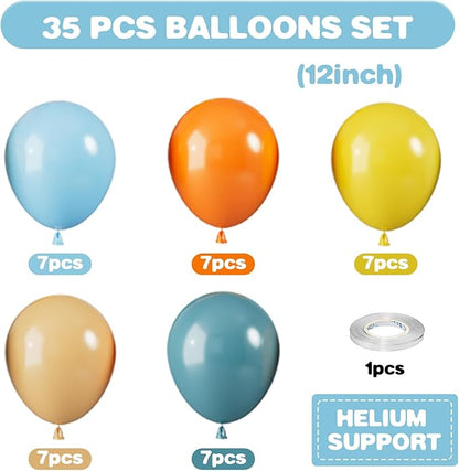 Blue Yellow and Orange Balloons, 12 Inch Retro Sea Blue Yellow Orange Balloons, Latex Helium Balloon for Boys Birthday Baby Shower Boho Son Theme Decorations