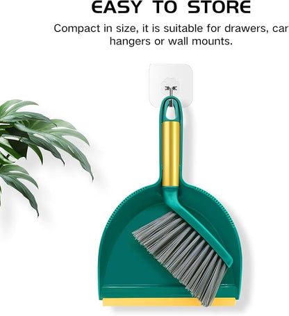 NACENA Mini Broom and Dustpan Set, Small Dust Pan and Brush Set with Handle Dustpan Teeth for Cleaning Hair Suitable for Office Desks Drawers Sofas Pet Care Outdoor Camping, Green