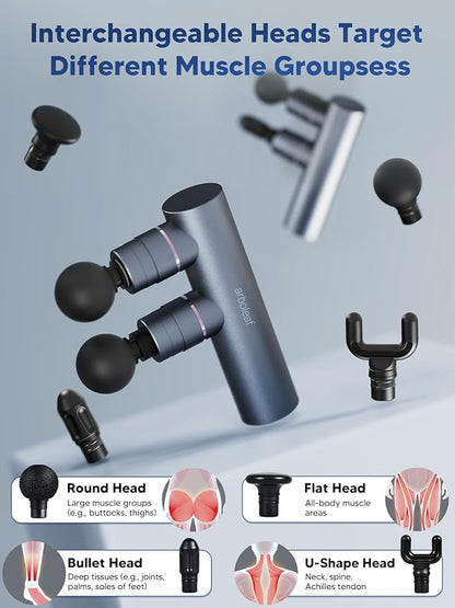 arboleaf Massage Gun Deep Tissue with Double Heads, Full-Metal Electric Portable Handheld Massager for Back, Shoulder, Sore Muscles, Pain Relief, 5 Modes, Seamless Speed Control