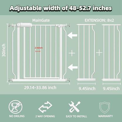 TSAYAWA Walk Through Baby Gate with Door, 48.1-52.7 Inch Wide Presure Mounted No Drill Metal Auto Close Child Gate for Stair Doorway - Indoor Outdoor Safty Gate for Toddler Dog Doggie, White
