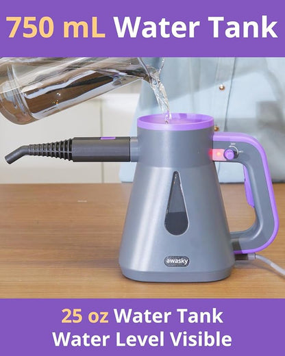 Steam Cleaner Handheld: 1200W Fast 10-Sec Heat-Up-750mL (25oz) Tank-No Cooling-Refill Anytime-Lockable Steam Trigger-14-Piece Kit Hand Held Steamer for Home Car Grout Tile Cleaning Grey