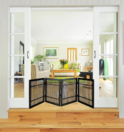 Pet Dog Gate Strong and Durable Freestanding Folding Acacia Hardwood Portable Wooden Fence Indoors or Outdoors by Urnporium (Black Pet Gate, 4 Panel 24" Tall)
