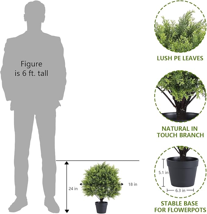 THE BLOOM TIMES 2ft Artificial Christmas Cedar Topiary Ball Trees Outdoor, 24" UV Resistant Faux Potted Plants Outside, Fake Greenery Bushes and Shrubs for Front Porch Planter Set of 2